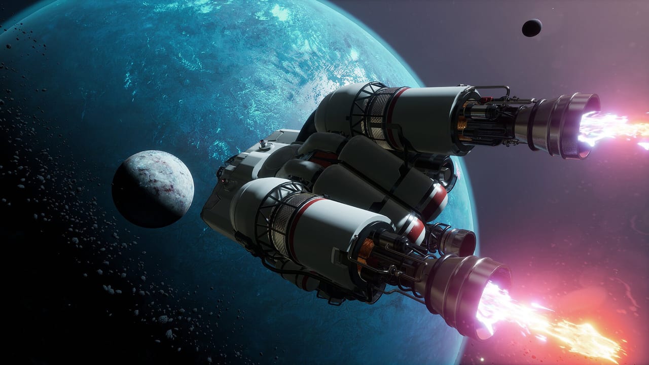 A Breathedge 2 spacecraft boosting past a blue planet with both engines firing.